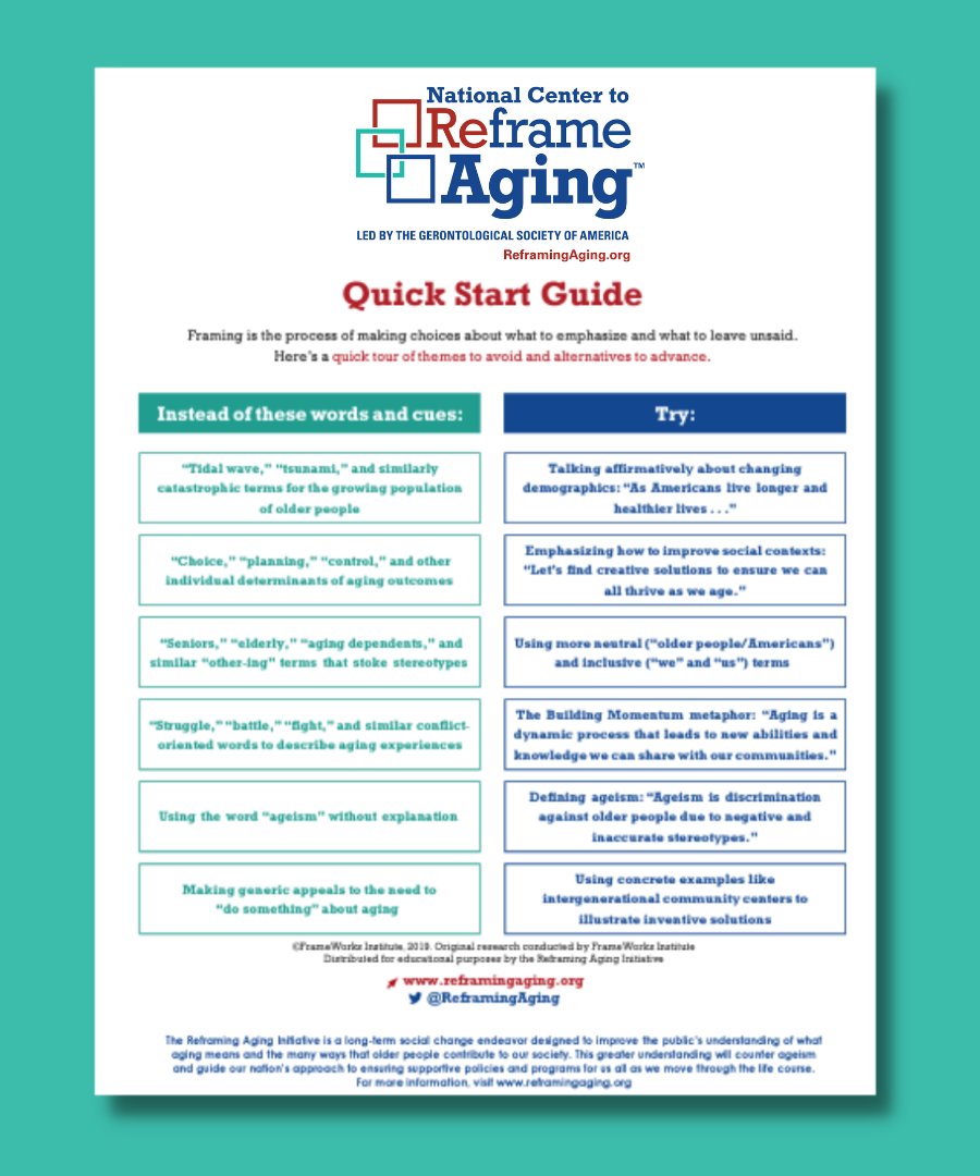 ReframingAging's tweet photo. Framing is the process of making choices about what to emphasize and what to leave unsaid. Here’s a quick tour of themes to avoid and alternatives to advance: https://t.co/dylUOjkYDm
#ReframeAging https://t.co/13jpRfSoSs