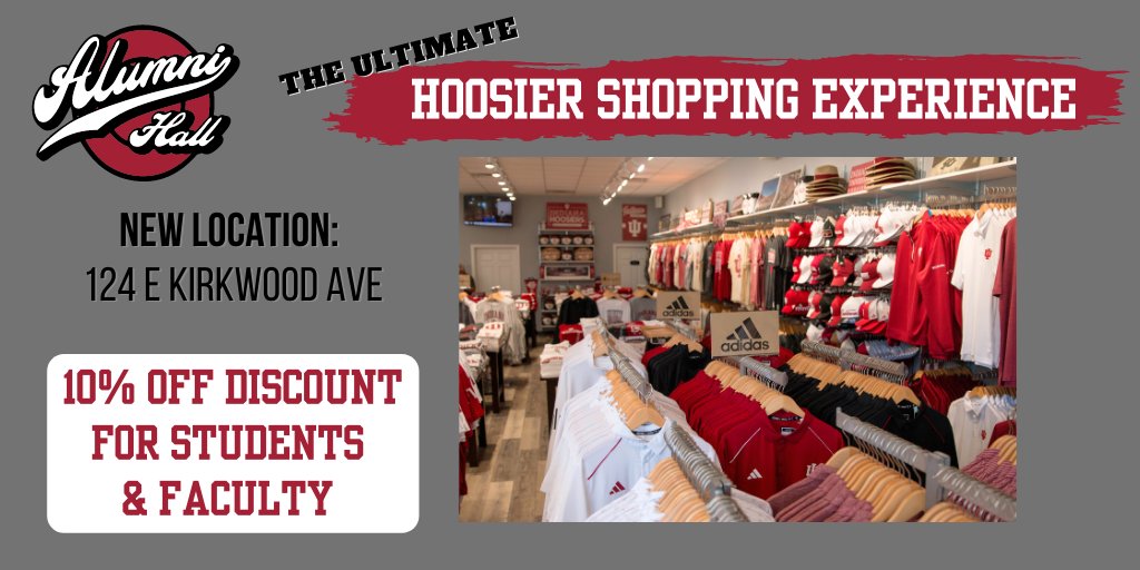 PAID: Alumni Hall's NEW location is now open at the corner of Kirkwood and Washington.  <a href="/AlumniHallIU/">Alumni Hall Indiana</a> provides the Ultimate Hoosier Shopping experience with licensed IU apparel, accessories, and gifts.  Shop now: alumnihall.com/indiana-hoosie…