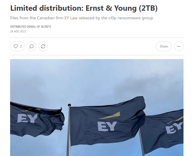 victor_ruiz's tweet photo. ⚠️Alerta: Presuntamente filtrados 2 TB de archivos de Ernst &amp; Young, empresa multinacional y de las más importantes firmas de servicios profesionales del mundo, publicados por el grupo de ransomware Cl0p. Los datos solo están a disposición de periodistas e investigadores. https://t.co/Rx50KdUvop