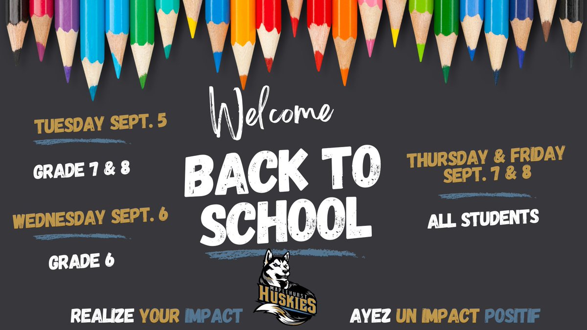 To our Husky community, we are excited to welcome our returning Huskies and our new Huskies to the 2023-2024 school year. Below is our staggered entry to best welcome all students during the week of September 5, 2023. #realizeyourimpact