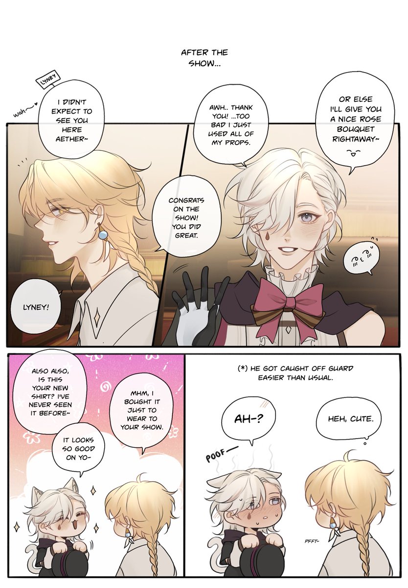 phaesporia__'s tweet image. forelsket (1/?)

a short comic. 
#aelyney #aether #lyney