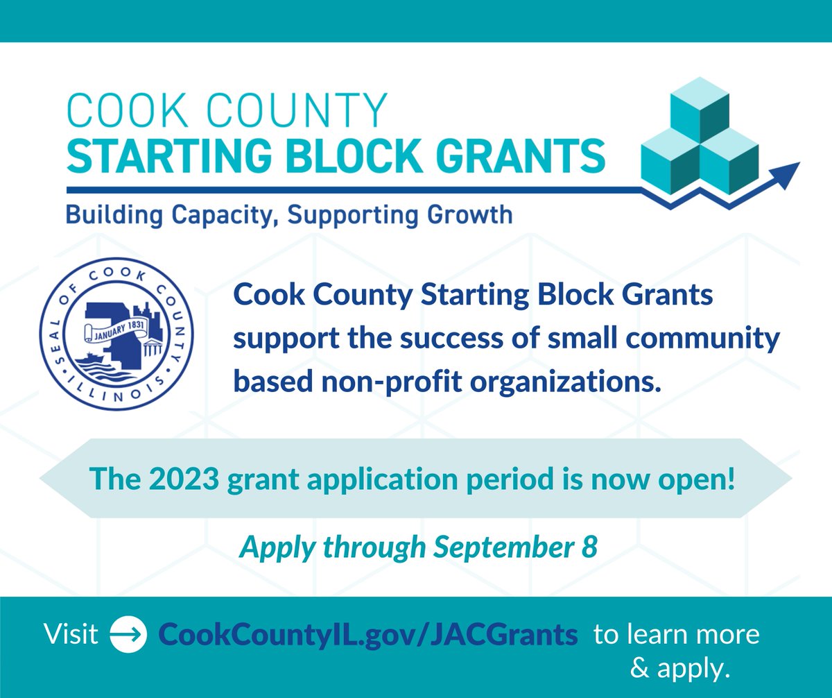cookcountygov's tweet image. Cook County Government is committed to supporting community organizations that promote Cook County residents&apos; health, safety, and success.

Learn more and apply for Cook County Starting Block Grants at cookcountyil.gov/JACGrants #CommunityOrganization #nonprofit