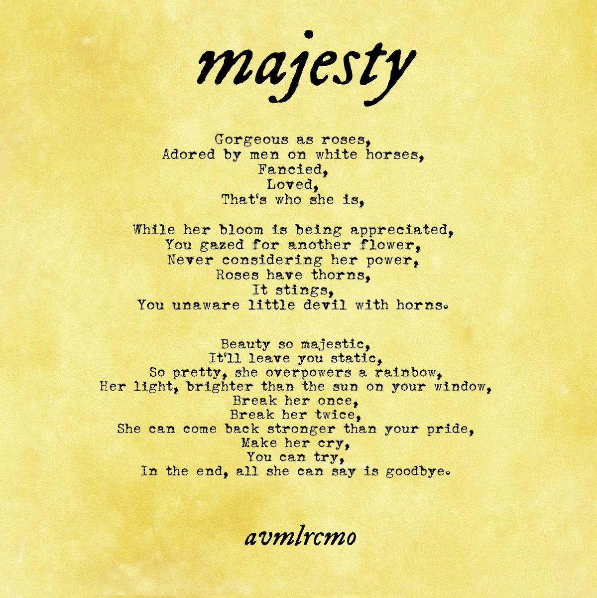avmlrcmo's tweet photo. Majesty 💛⚜️
#poem #poems #WordsForTheHeart #avmlrcmo #creativewriting #writing https://t.co/evFdYS4WIN