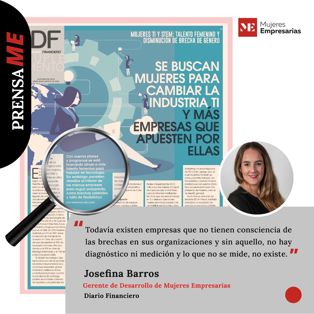 🗞️Hoy en Diario Financiero, Josefina Barros Méndez, Gerente de Desarrollo en ME, se refiere al aumento de la participación de mujeres en cargos relacionados con cambios tecnológicos. Lee más lnkd.in/e4aFn3Ae