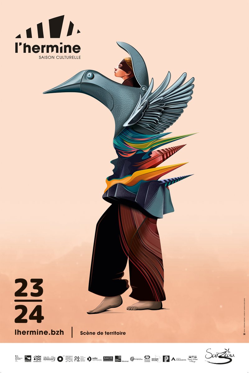#illustration visuel saison 2023-2024 pour la scène culturelle L'Hermine à #Sarzeau Inspirée à l’origine par la hauteur et la lumière du bâtiment, mon illustration est un concept sur le voyage et l’élévation : une machine à rêver debout ! #vectorart #affiche #poster #theatre