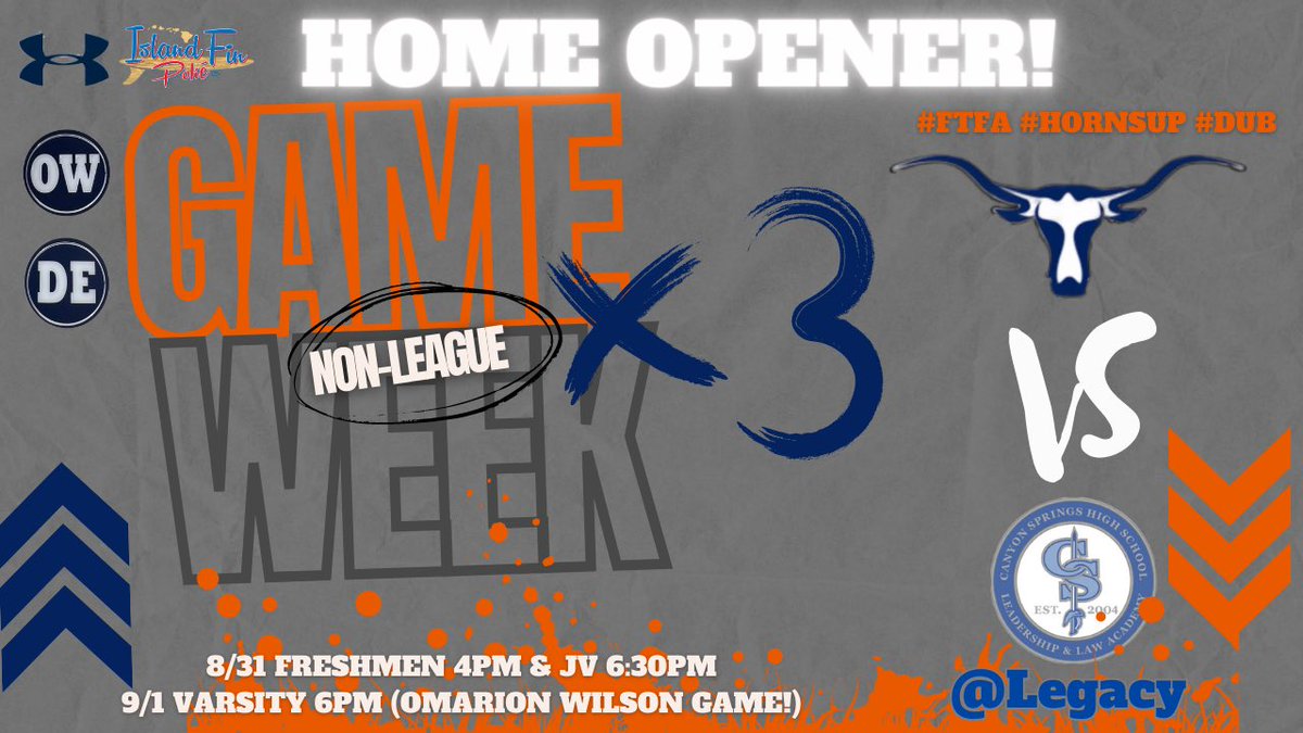 LegacyHornsFB's tweet image. WEEK 3 Vs Canyon Springs at Legacy!!!

Thursday 8/31 Freshman 4pm JV &amp;amp; 6:30pm 
Friday 9/1 Varsity 6pm #HornsUP #FTFA #trustinUS #Wenotme
