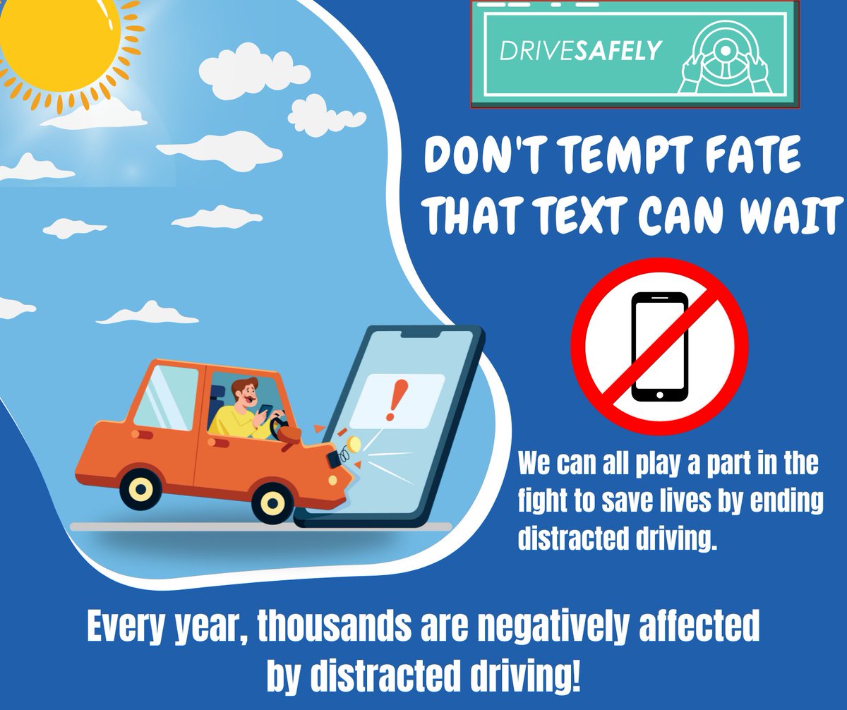 Distracted driving is any activity that diverts one's attention from driving, including talking, texting, eating, drinking, entertainment or navigation system.

Visit nhtsa.gov/risky-driving/… to learn more

"Your Safety...Our Commitment"
#NHTSA #SafeRoads #DriveSafe #ItCanWait