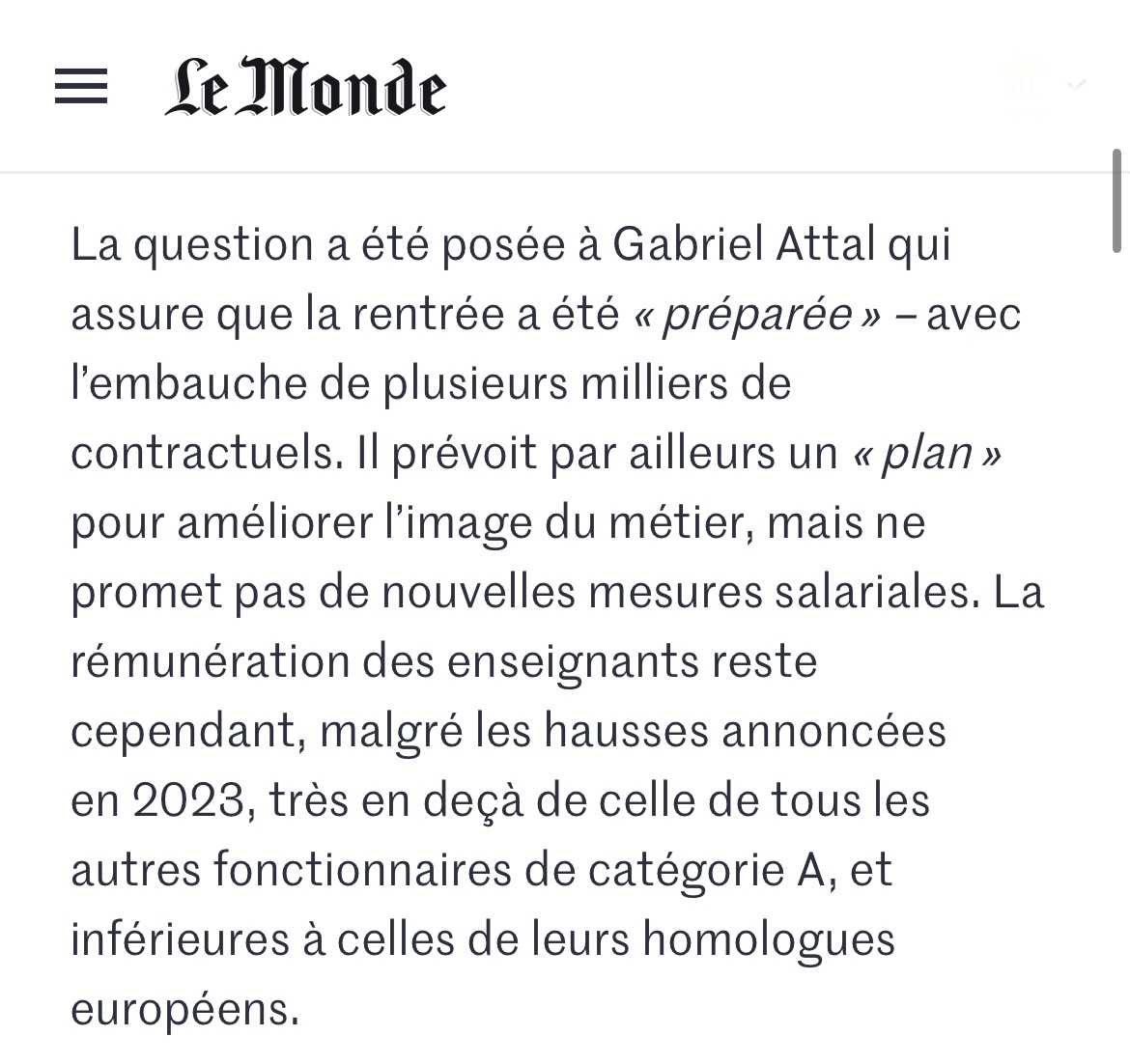 Dupognonprofs's tweet photo. 📰🗞️

Dans @lemondefr :

« La rémunération des enseignants reste cependant, malgré les hausses annoncées en 2023, très en deçà de celle de tous les autres fonctionnaires de catégorie A, et inférieures à celles de leurs homologues européens. »

Médiatiquement, on a gagné… https://t.co/D9icN8IwAx