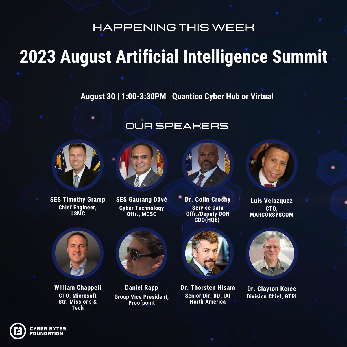 Coming up this week at the Quantico Cyber Hub, don't forget to register for the 2023 August Artificial Intelligence Summit discussing the strategic implementation of AI throughout the enterprise. Click the link below and register : lnkd.in/eem6C4zE