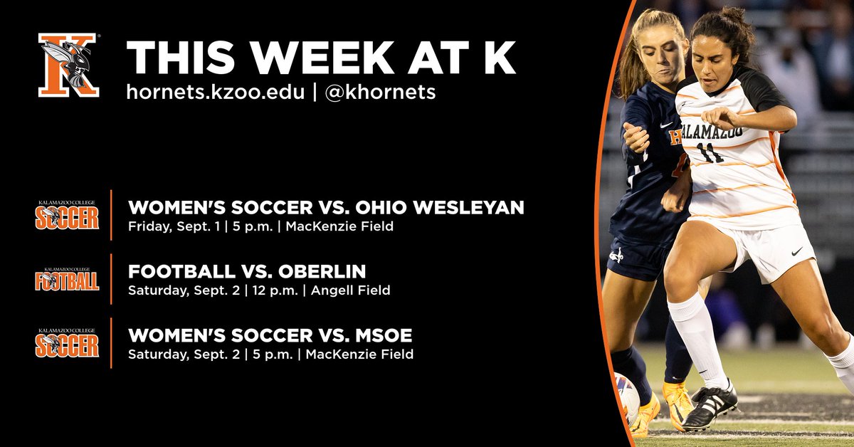 khornets's tweet photo. WE ARE BACK!!! The fall sports season begins this weekend as the @KzooWSoccer team hosts two games, and the @KzooFootball squad opens its season on Saturday. Come out and support your Hornets this weekend!!! #GoHornets https://t.co/ucyzOxHeAi