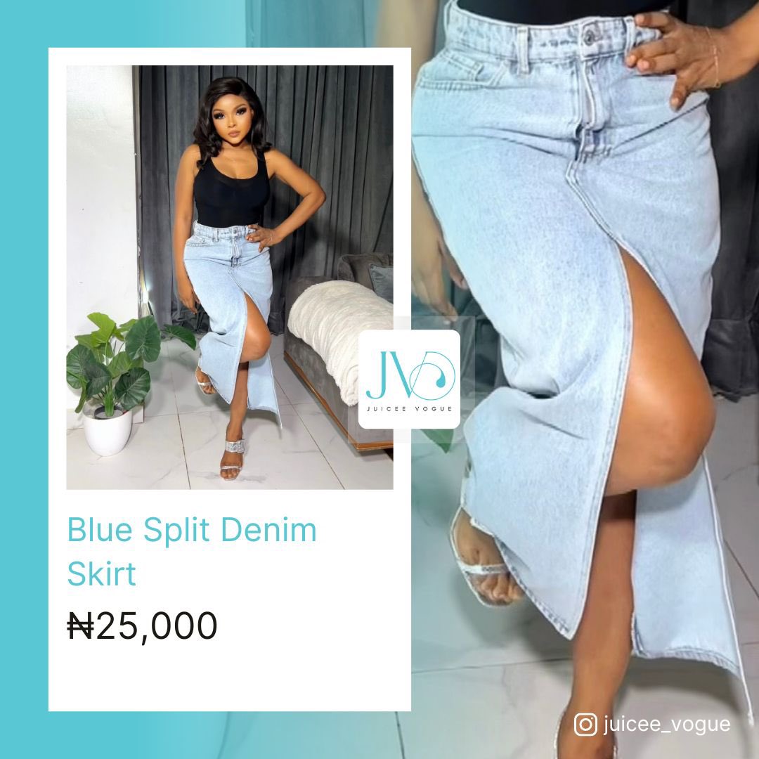 juiceevogue's tweet photo. Denim dreams with this blue split denim skirt. Adding a cool and casual touch to any outfit.

Blue Split Denim Skirt 
Sizes: 6 8 8 10 10 
Price: ₦25,000

Feel free to drop a DM.

#juiceeeffects #juiceevogue
.

 #BlueDenimSkirt #CasualChic #DenimLove https://t.co/MWqJjMOs48