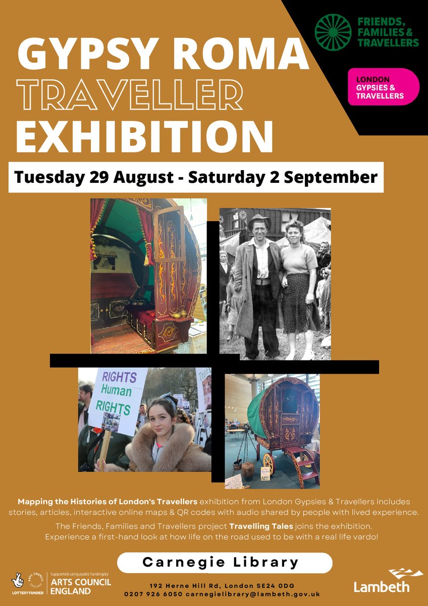 GYPSY ROMA TRAVELLER EXHIBITION
On the rest of this week in the Carnegie Library, Herne Hill Road. Full details in the flyer below.
<a href="/FrndsofCarnegie/">Friends of Carnegie</a> <a href="/CarnegieLib/">Carnegie Library</a>