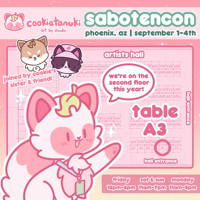 im gonna be tabling at saboten this weekend from sept 1st-4th!! ill be joined by my friend and sister who will help table w/ me! you can find us at table A3 ✨🌵
check out the thread below for my catalog!👀🧵
#artistalley #sabotencon 