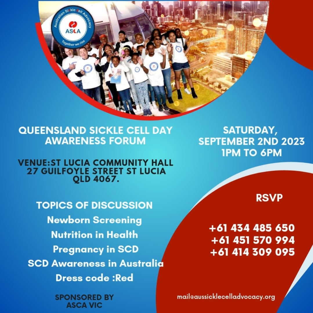AuSickle's tweet image. @AuSickle is pleased to announce that we have rescheduled the previously postponed Sickle Cell Forum to 2nd September 2023. 

Join us at St Lucia Community Hall on Saturday from 1pm. See topics of discussion 👇🏾
Call 1300 148 824 for more.
 #HealthPromotion
#SickleCellAwareness