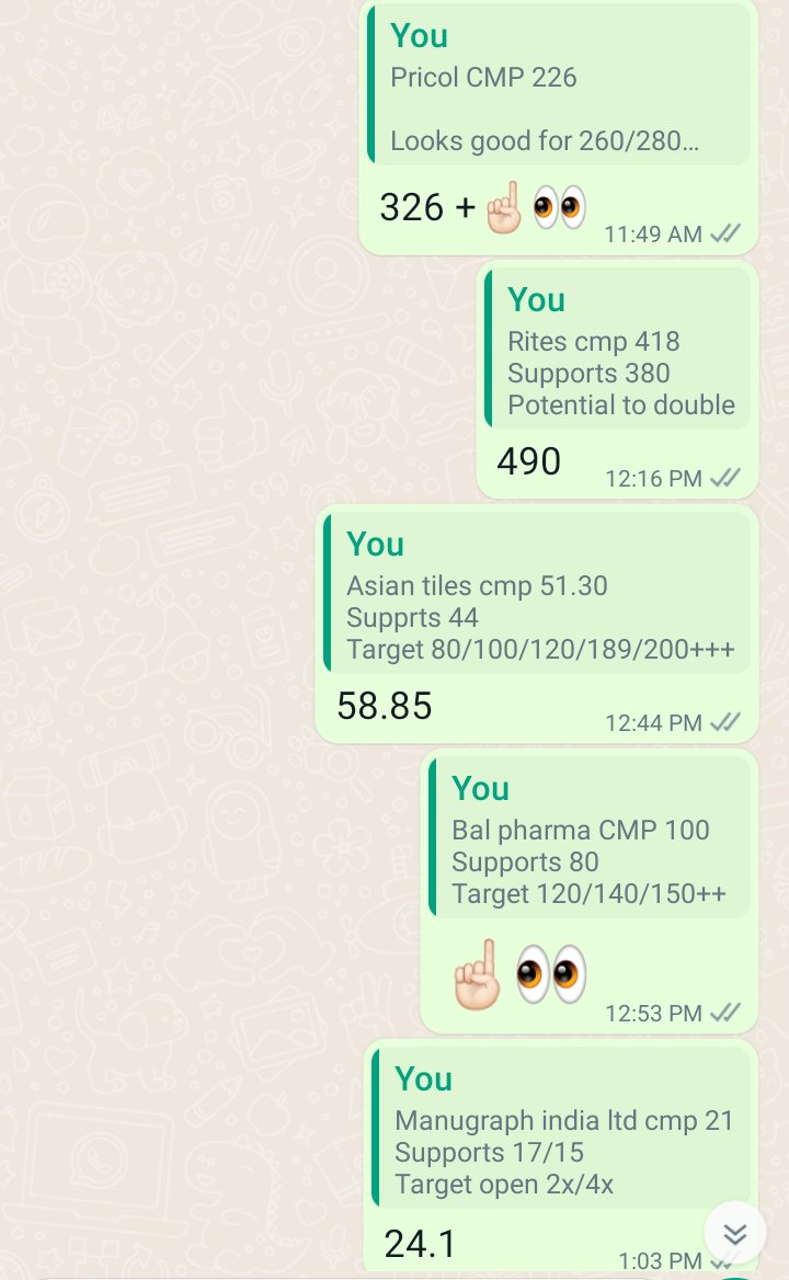 momentotrades's tweet photo. Checkout our premium services
WhatsApp for more details on +91 9958891054
#gmdc #stocks #investing #hscl #rites #sswl #dredgecorporation #jamnaauto #lasa #stc #everready #asiantiles #pricol #hcc #bharatwire #texrail #manugraph #StocksInFocus #StocksToBuy #StocksToTrade https://t.co/HYuSlaW7y6