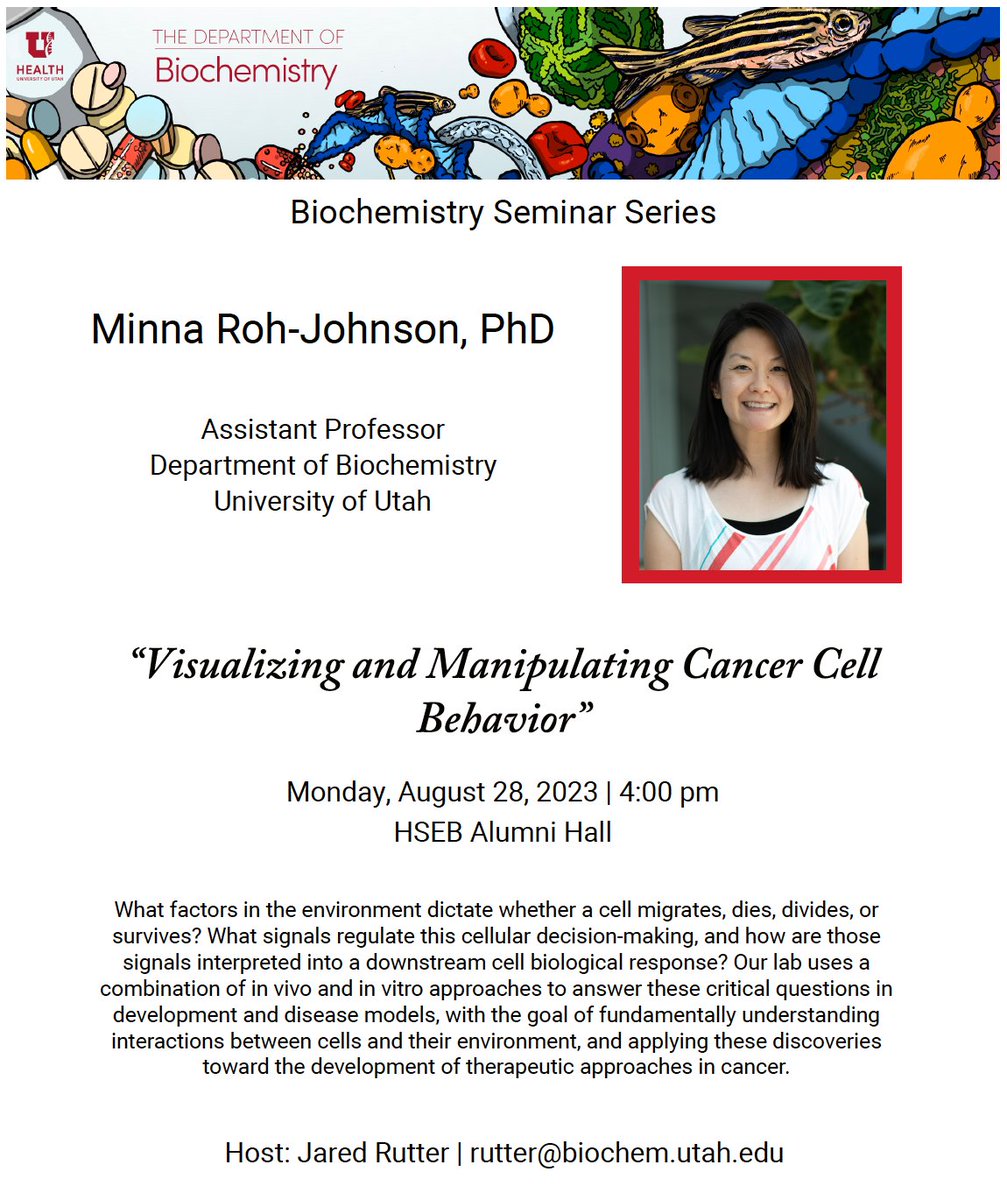 Today at 4pm, don't miss this talk by our own Minna Roh-Johnson @roh_johnson_lab on Visualizing and Manipulating Cancer Cell Behavior! HSEB Alumni Hall.