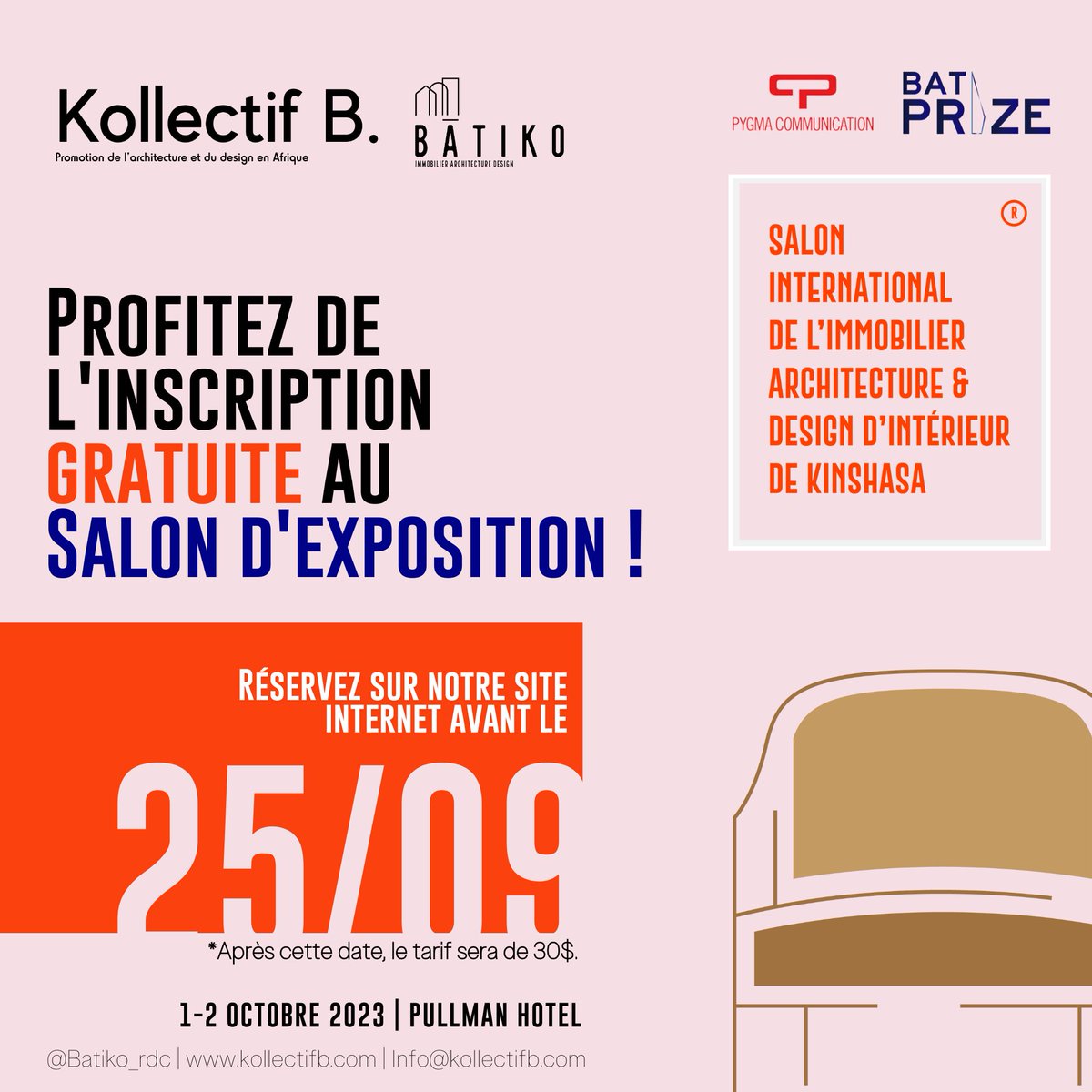 batiko_rdc's tweet photo. Comment s'inscrire à #SalonBatiko ? Joignez-vous à nous pour deux jours d'immobilier et de design les 1er et 2 octobre. Inscrivez-vous gratuitement avant le 25 septembre ! Plus d'infos : https://t.co/fSaAPk0bYa 🏙️🎉 https://t.co/pu7tS2qYOB