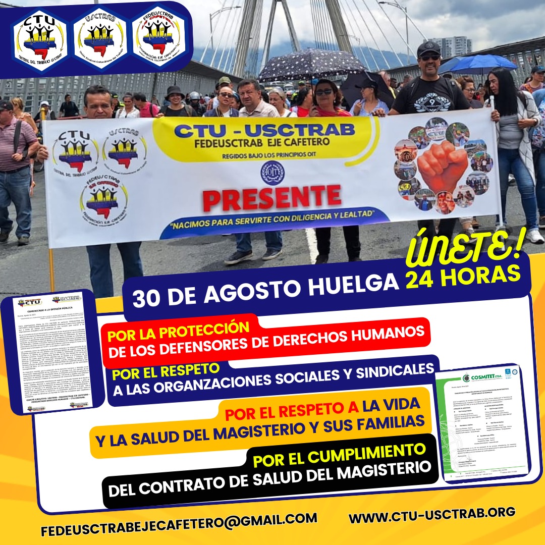 UsctrabEjeCafe's tweet photo. @fagaro2001 @usctrab @YamiGarzonRi @Fiduprevisora @OIT_AmerCentral x Protección de los Defensores de DDHH
Por el Respeto a las Organizaciones Sociales y Sindicales.
Por el Respeto a la Vida y Salud del Magisterio y su Familias.
Por el Cumplimiento del Contrato de Salud Magisterio https://t.co/4werBcJHab