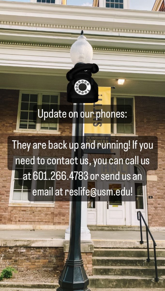 ResLifeUSM's tweet photo. Our phones are back up and running! If you need to contact us, you can call us at 601.266.4783 or email us at reslife@usm.edu! https://t.co/RplLuwT5tH