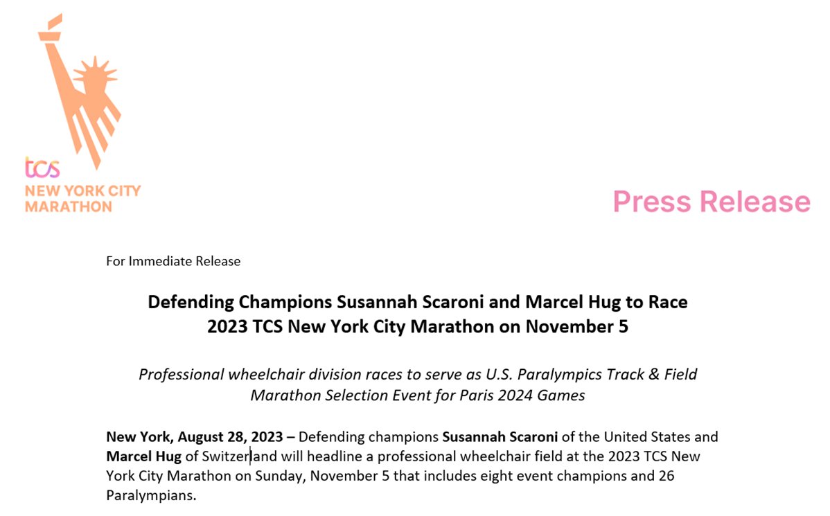 RELEASE: Defending Champions Susannah Scaroni and Marcel Hug to Race 2023 TCS New York City Marathon, which will also serve as U.S. Paralympics Track & Field Marathon Selection Event for Paris 2024 Games >> nyrr.org/media-center/p…