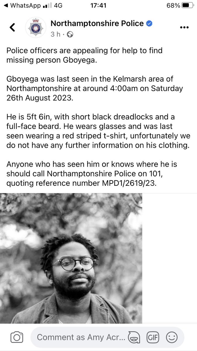 Anyone who has seen Gboyega Odubanjo since 26th Aug please get in touch with Northamptonshire Police on 101, quoting ref MPD1/2619/23. He’s been missing since Shambala. More details below