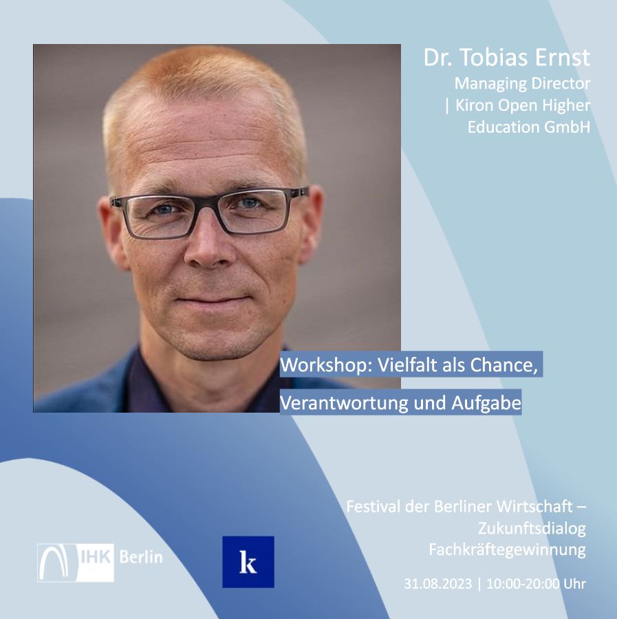Kiron Open Higher Education (@kironeducation) on Twitter photo Sei beim Berliner Wirtschaftsfestival dabei!
Unser Geschäftsführer, Dr. Tobias Ernst <a href="/ErnstTobias/">Dr. Tobias Ernst</a>, wird einen Workshop mit dem Thema “Vielfalt als Chance, Verantwortung und Herausforderung” leiten.
31.08. | 10:00-20:00 Uhr
Anmeldung: events.ihk-berlin.de/20230831festiv…
#fdbw Sei beim Berliner Wirtschaftsfestival dabei!
Unser Geschäftsführer, Dr. Tobias Ernst <a href="/ErnstTobias/">Dr. Tobias Ernst</a>, wird einen Workshop mit dem Thema “Vielfalt als Chance, Verantwortung und Herausforderung” leiten.
31.08. | 10:00-20:00 Uhr
Anmeldung: events.ihk-berlin.de/20230831festiv…
#fdbw