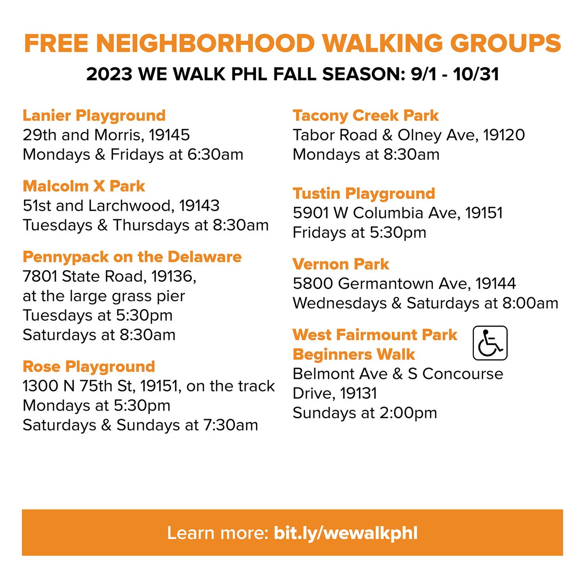 GetHealthyPHL's tweet photo. Looking for a fun way to stay active? The fall season of We Walk starts September 1! Get ready to grab a friend, sneakers and hit the trail! You can find the sites here: https://t.co/NyuMEqyV0P 
@GetHealthyPhilly @PHLPublicHealth @philaparkandrec @myphillypark #WeWalkPHL https://t.co/upimhqP9bf