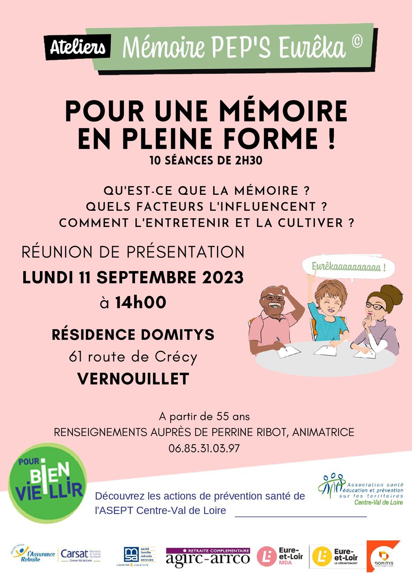Réunion et infos-PEPS Eureka🧠 

📅11/09 à 14h
📍VERNOUILLET, résidence DOMITYS, 61 route de Crécy

Programme : repérer des objets égarés, associations d'idées pour se souvenir, etc
Inscription pendant la réunion aux 10 séances ou contactez-nous au 02 37 30 45 46 / 06 85 31 03 97