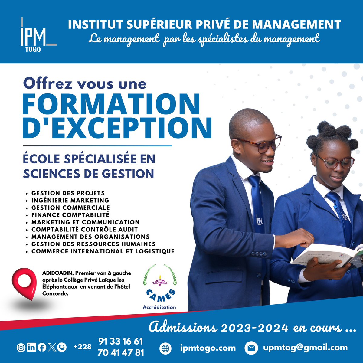ipm_Togo's tweet photo. ✨Offrez-vous une FORMATION D’EXCEPTION en #gestion à IPM Togo.
Rejoignez-nous pour décrocher votre clé pour un avenir professionnel épanoui💫
👉🏾 upmtog@gmail.com
« Le #Management par les spécialistes du #Management »
#ipmtogo https://t.co/AzGVfVHl0m