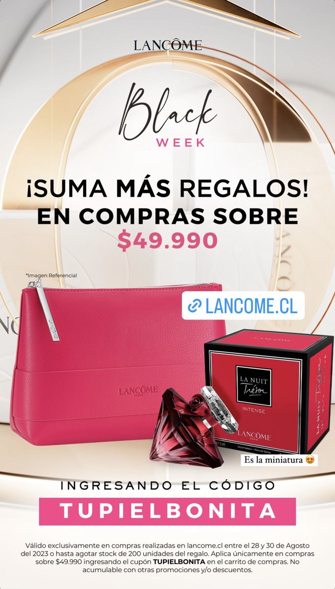 tupielbonita's tweet photo. Black Week en https://t.co/vWy15XqNjY ✨😱Lleva estos regalos sólo x hoy 28/8 y recuerda usar además el código promocional: TUPIELBONITA durante todo el Blackweek! Para regalo 💝 extra. (Black week termina el 30/8)
#lancomechile #codigochile #cupón #chile https://t.co/KHJYEUGWR1