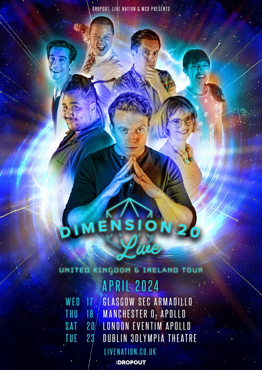 🚨Brennan and the Intrepid Heroes are heading to the UK &amp; Ireland for the first Dimension 20 Live tour, starting in April 2024! 

Presales link here (sales begin 10am UK time Wednesday, August 30th): shops.ticketmasterpartners.com/dimension-20