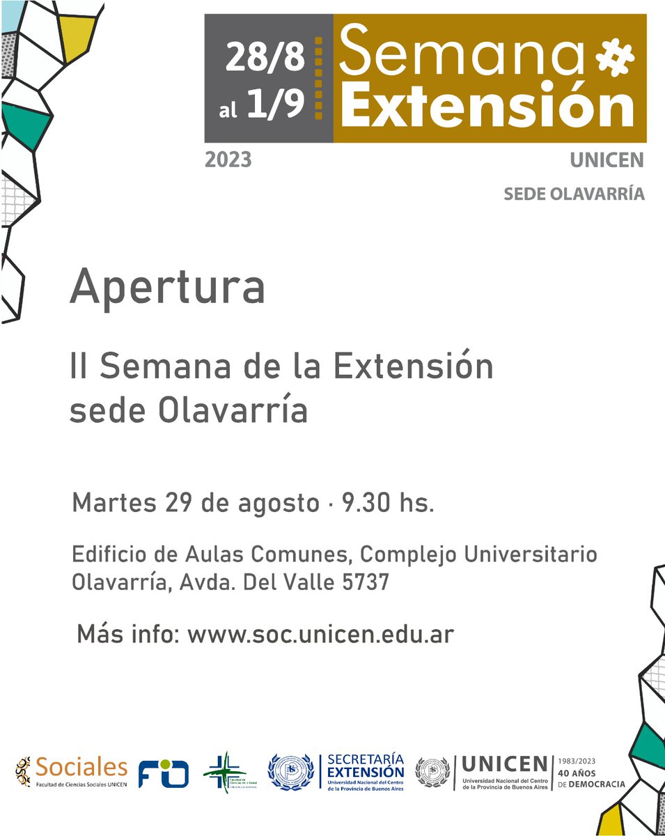 FacsoUnicen's tweet photo. Con una amplia agenda de actividades, se acerca la Segunda Semana de la Extensión    

📆Se dará en el marco de las celebraciones por los 40 años de democracia ininterrumpida, del lunes 28 de agosto al viernes 1 de septiembre.    

¡Conocé el cronograma completo!👇 https://t.co/OIS3vt1FgU