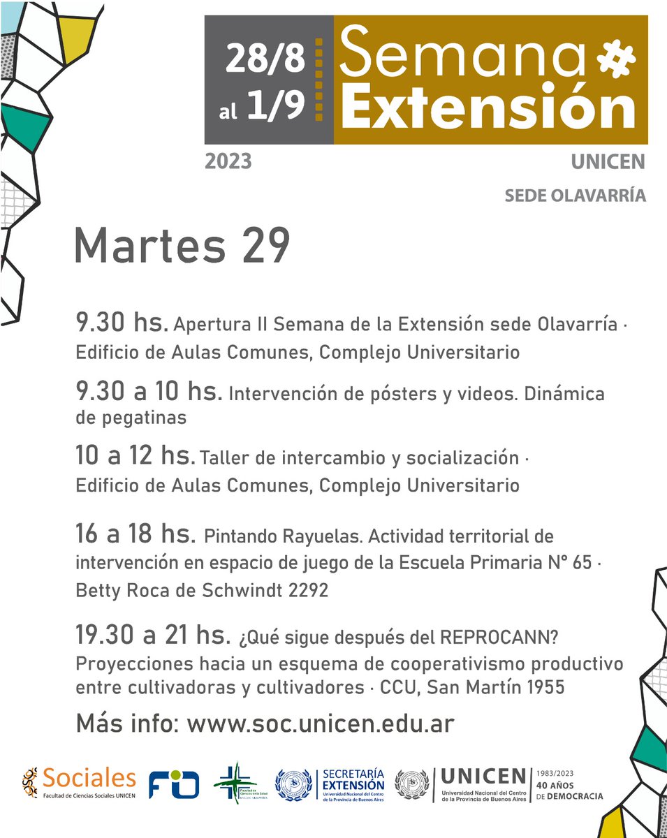 FacsoUnicen's tweet photo. Con una amplia agenda de actividades, se acerca la Segunda Semana de la Extensión    

📆Se dará en el marco de las celebraciones por los 40 años de democracia ininterrumpida, del lunes 28 de agosto al viernes 1 de septiembre.    

¡Conocé el cronograma completo!👇 https://t.co/OIS3vt1FgU