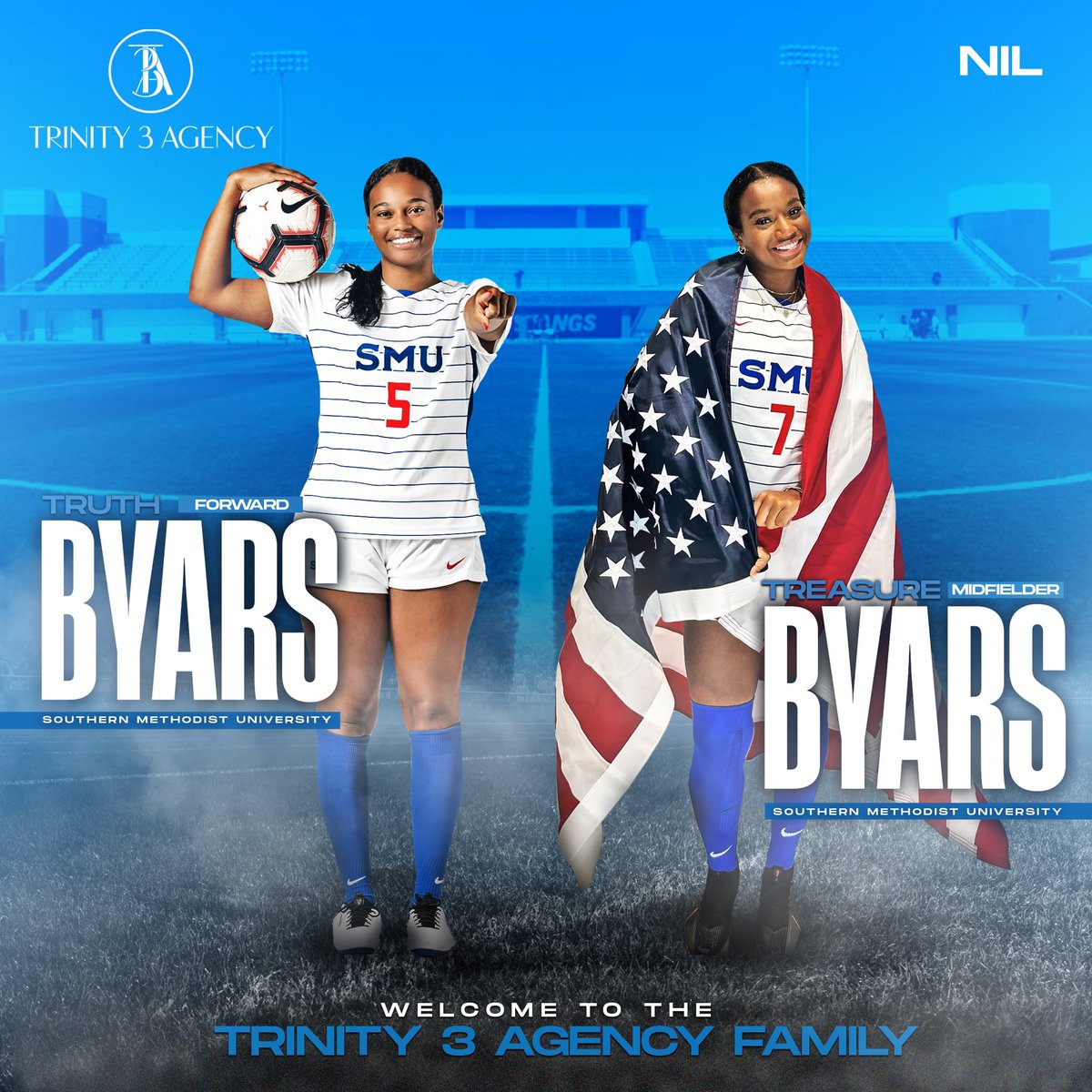 trinity3agency_'s tweet photo. #NILClient Excited to officially welcome our two newest NIL clients Truth Byars @truthbyarss and Treasure Byars @treasurebyars of @SMUSoccerW to the Trinity 3 Family! We’re so excited to be working w/ Truth and Treasure. Welcome to the family ladies!🤗⚽️🔥💙💙 #nil #teamtrinity3 https://t.co/jNm16vC6aN
