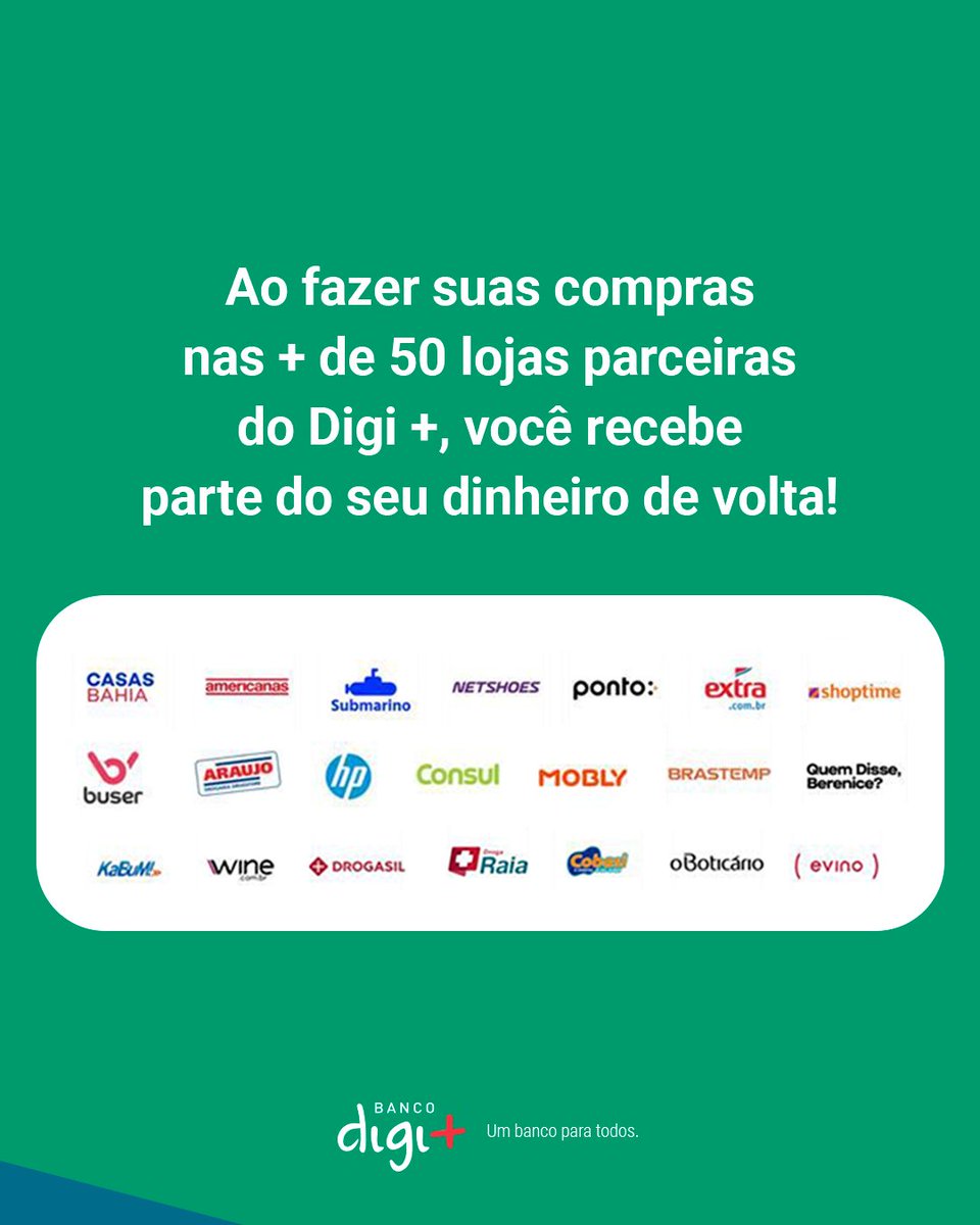 Bancodigimais's tweet photo. Oportunidade de Cashback é com a gente! 🤑🛍️

Você já imaginou que, ao usar o Digi+ para suas compras em nossas lojas parceiras com Cashback, parte do seu dinheiro volta para você? Isso mesmo! 

#digimais #bancodigimais #bancodigital #bancoonline #app #lojasparceiras #banco https://t.co/5TDZrDw5uy