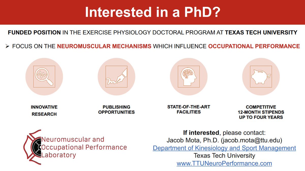 Jacob Mota, PhD (@jacobadammota) on Twitter photo Like research? ๐ฌ
Interested in Neuromuscular Mechanisms? ๐ช
Want to meaningfully improve the health of tactical athletes? ๐ฉโ๐๐ฎโโ๏ธ
๐จ๐จIf so, I'm looking for a PhD student to join our crew next fall at TTU. Fully funded. Great local and industry partnerships. ๐จ๐จ
Lets chat!๐ฌ Like research? ๐ฌ
Interested in Neuromuscular Mechanisms? ๐ช
Want to meaningfully improve the health of tactical athletes? ๐ฉโ๐๐ฎโโ๏ธ
๐จ๐จIf so, I'm looking for a PhD student to join our crew next fall at TTU. Fully funded. Great local and industry partnerships. ๐จ๐จ
Lets chat!๐ฌ