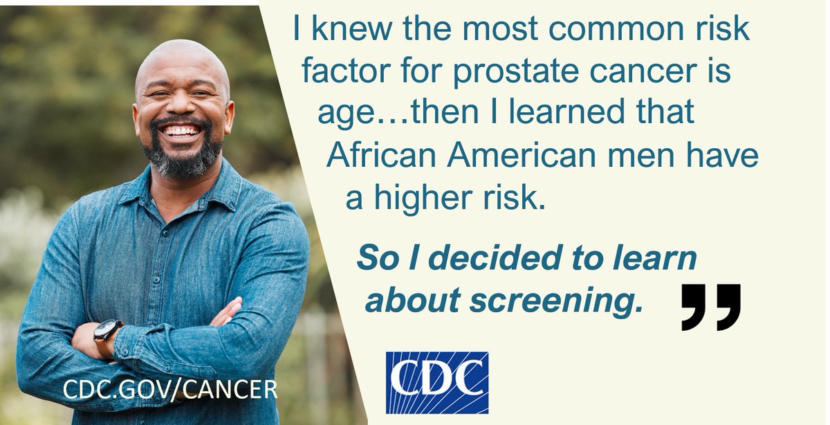 CDC_Cancer's tweet photo. African American men are more likely to get prostate cancer than other men, and more than twice as likely to die from it than other men. Learn if screening is right for you: https://t.co/8kooBdaRPr https://t.co/dPsIpN6YfZ