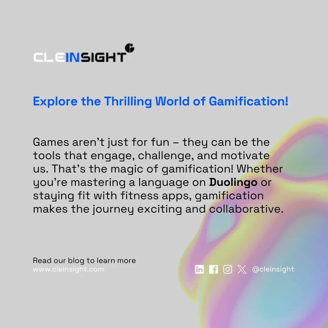 cleinsight's tweet photo. Explore the Thrilling World of Gamification!
Games can be use as a tool to challenge, and motivate us. Whether you're mastering a language or achieving fitness goals with apps, gamification makes the journey exciting.
Read our blog to learn more-
https://t.co/lszSjNeL80 https://t.co/CMIiYIHYSY