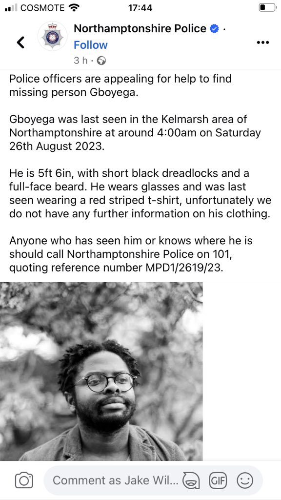 If you’ve seen Gboyega Odubanjo since 26th Aug please reach out. Details below (clothing description is slightly wrong - he was wearing a red waistcoat).