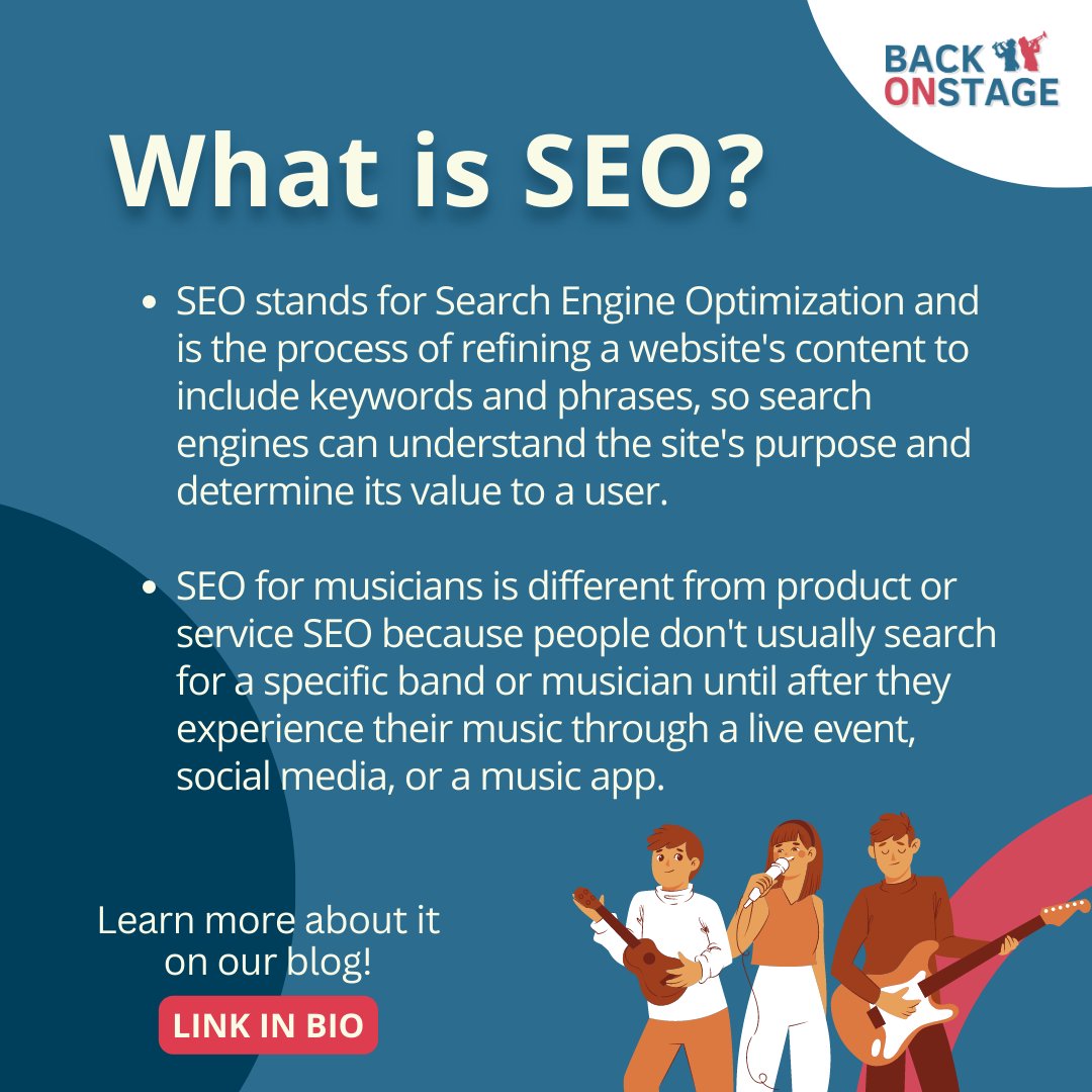 BackOnStageApp's tweet photo. #Musicians, do you want to increase your online visibility? Learn how #SEO can help! Check out our blog post to find out why SEO is essential for your #band's success. https://t.co/YRscFqCBTz (link in bio)
#SEOformusicians #musicpromotion #onlinemarketing https://t.co/FtXp96bHAE