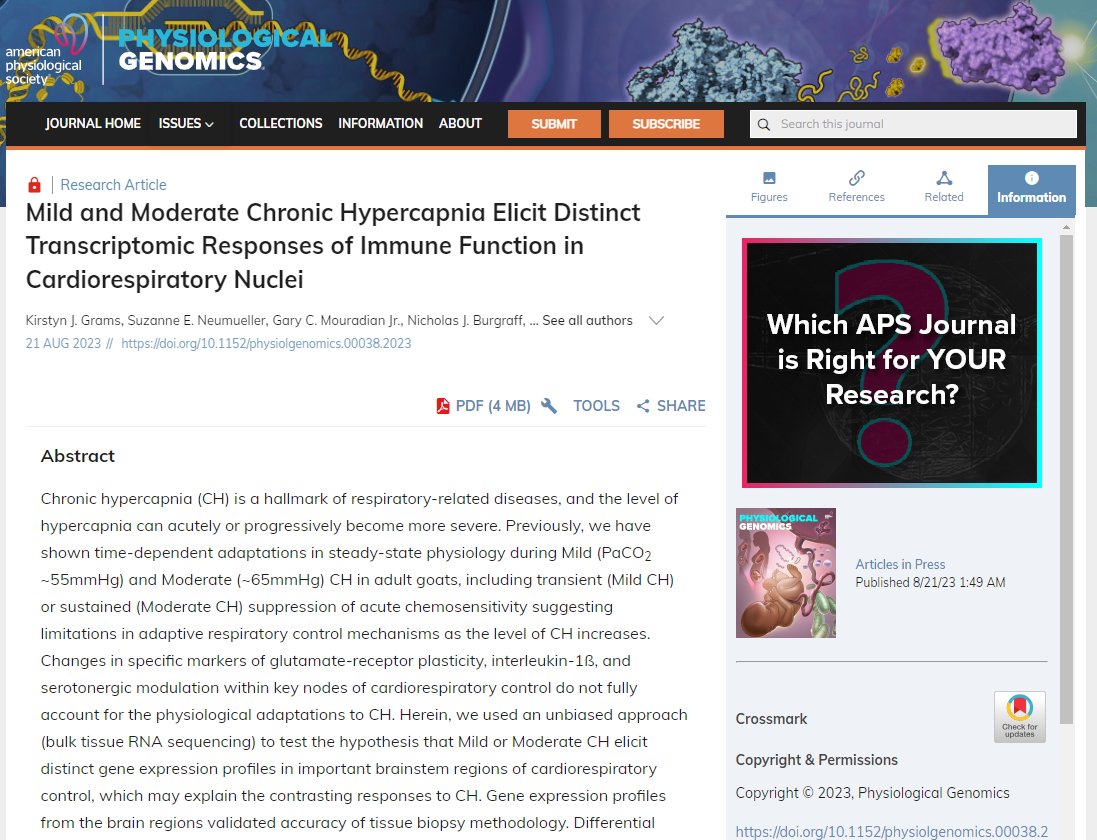 👉#ArticlesInPress 'Mild and Moderate Chronic Hypercapnia Elicit Distinct Transcriptomic Responses of Immune Function in Cardiorespiratory Nuclei' by Kirstyn J. Grams et al.

🖱ow.ly/kWnA50PCQ5S

#Hypercapnia #CentralChemoreception #ImmuneResponse #RNAsequencing