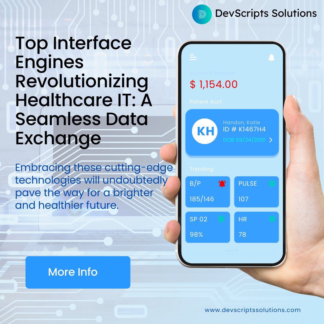 DevScriptsSol's tweet image. Embracing the Future of Healthcare IT 🏥✨ Discover how top interface engines are transforming data exchange in the medical world! Seamlessly connect patient records, labs, and more for efficient care. Read more: devscriptssolutions.com #HealthcareIT #DataExchange #Innovation