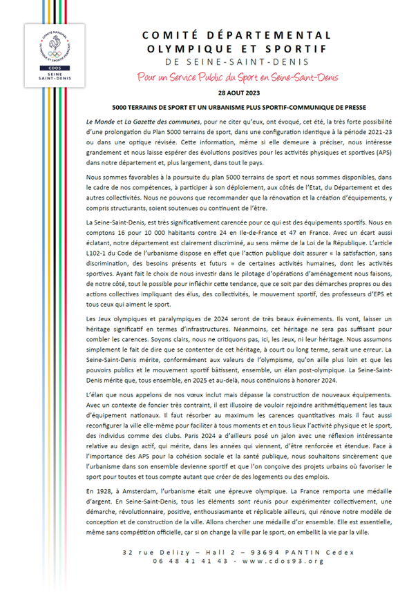 RETROUVEZ NOTRE COMMUNIQUE DE PRESSE relatif aux suites du plan #5000TerrainsDeSport et à la #promotion de l'#UrbanismeSportif...plus que jamais, nous devons mettre le #sport et l'#ActivitéPhysique au cœur de la #ville.@Prefet93 @seinesaintdenis @FranceOlympique @crosif @IRDSIDF