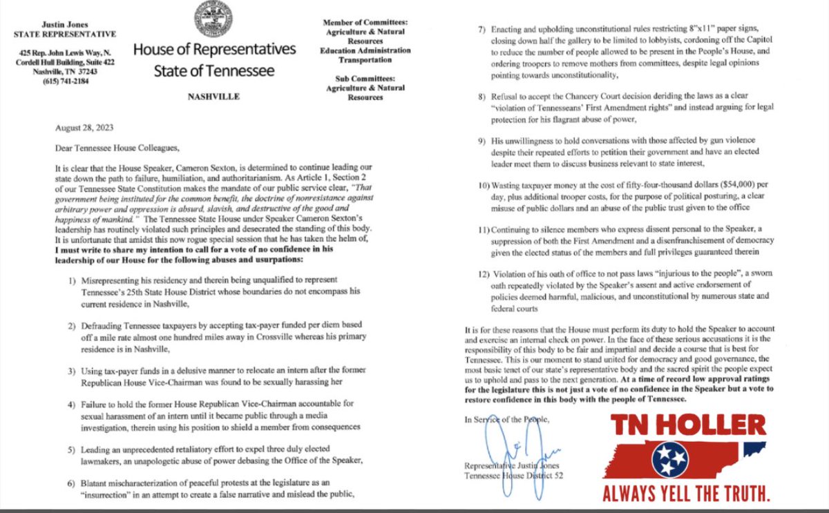 HERE’S THE LETTER Rep.  <a href="/brotherjones_/">Rep. Justin Jones</a> just delivered to Speaker <a href="/CSexton25/">Speaker Cameron Sexton</a> and other reps stating his intention to call for a vote of “NO CONFIDENCE” in the Speaker — and 12 reasons why.