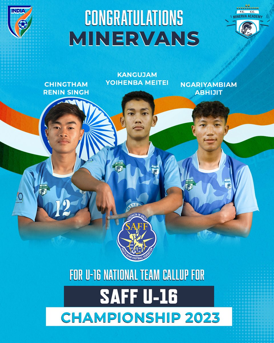 minervapunjabfc's tweet photo. ๐๐๐๐๐ ๐๐๐๐๐๐ ๐
Congratulations to our 3๏ธโฃ #Minervans for getting selected in the Indian National Team for the upcoming U16 SAFF Championship. ๐คฉ
#MAFC #Warriors #TheFactory #IndianFootball https://t.co/qQciKr9023