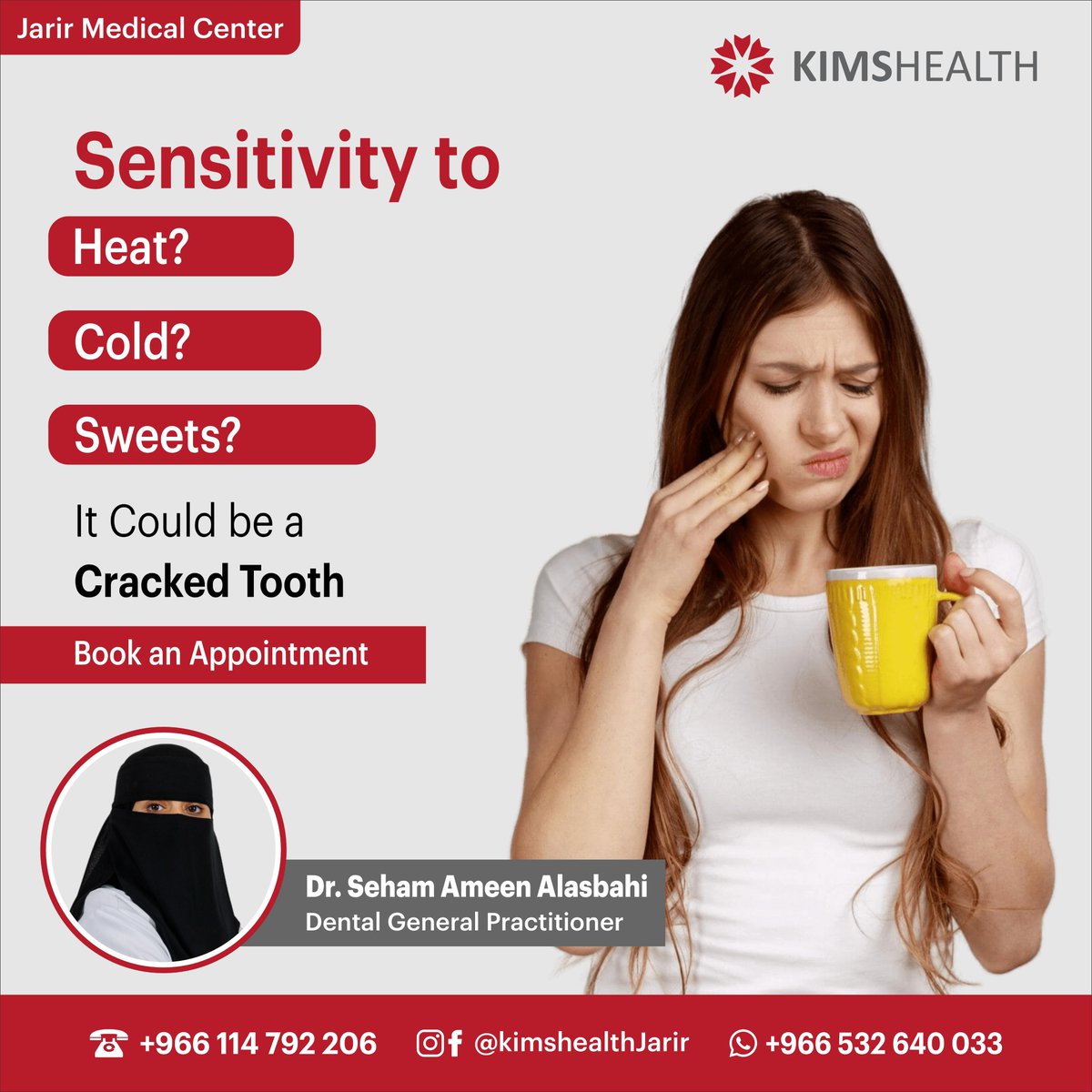 jarirmedical's tweet image. Experiencing tooth sensitivity to heat, cold, or sweets? It might be a cracked tooth. Consult Dr. Seham Ameen Alasbahi, Dental General Practitioner, for personalized care. Book now for a pain-free smile! #DentalCare #CrackedTooth #OralHealth #ExpertDentist #BookNow #HealthySmile