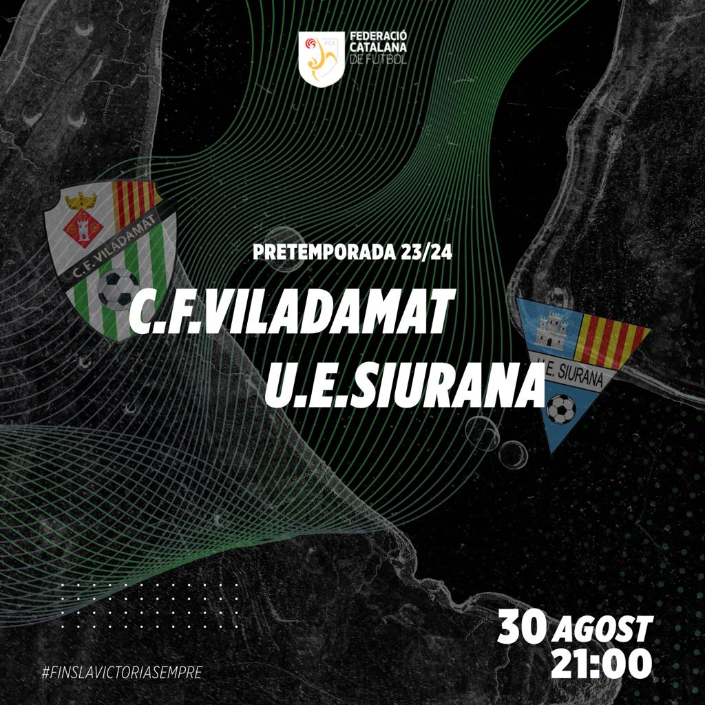 cfviladamat (@viladamatcf) on Twitter photo Comencem la pretemporada i ho fem amb l'equip més popular de la comarca <a href="/uesiurana/">UE Siurana</a>.
Dimecres 30 d'agost a les 9 del vespre al municipal de Viladamat. Comencem la pretemporada i ho fem amb l'equip més popular de la comarca <a href="/uesiurana/">UE Siurana</a>.
Dimecres 30 d'agost a les 9 del vespre al municipal de Viladamat.