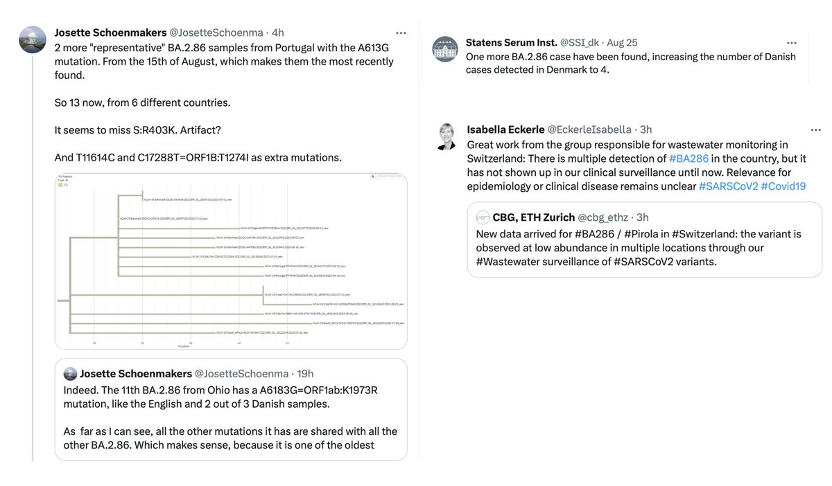 EricTopol's tweet photo. BA.2.86 variant update
Only a few more cases detected in recent days (Denmark, Portugal) and more wastewater evidence at low levels (Switzerland)
The longer we go without a significant spread signal, the better it looks (for now at least)
@JosetteSchoenma @SSI_dk @EckerleIsabella https://t.co/xSI7RhYiba