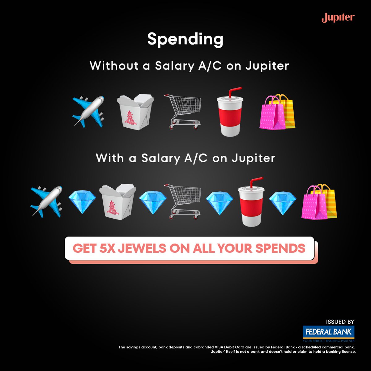 TheJupiterApp's tweet photo. Regular Salary Accounts: Reward you once a month
Salary Account on Jupiter: Rewards you all month round 💰✨
#MoveToJupiter and get the most rewarding salary account!
*The savings account, salary account, bank deposits and co-branded VISA Debit Card are issued by Federal Bank - a scheduled commercial bank. 'Jupiter' itself is not a bank and doesn’t hold or claim to hold a banking license.