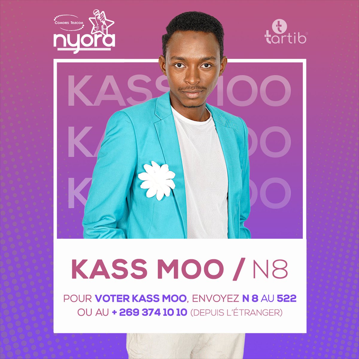 comores_telecom's tweet photo. #NyoraSaison3

Pour voter #Kassmoo, envoyez N suivi du numéro 8 au 522 depuis les Comores, +269 374 10 10 depuis l’étranger. 

Kass Moo (N8) — " Kandu ya msiha ndzi " d’Aladine —   #NyoraSaison3 #PremièreSession

Lien: https://t.co/4MiGiSe1Op https://t.co/ogQ38KA9Qh